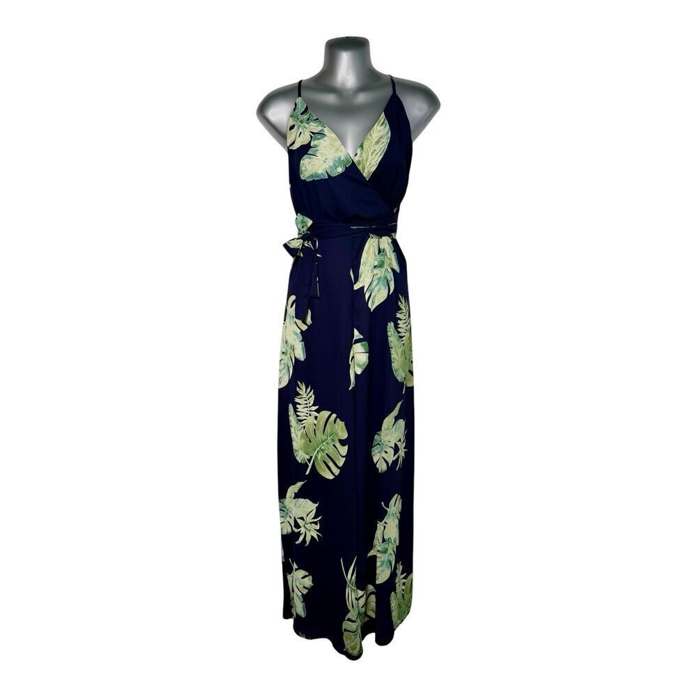 Womens Faux Wrap Jumpsuit Tropical Print Monstera Backless Navy‎ Blue Size Small